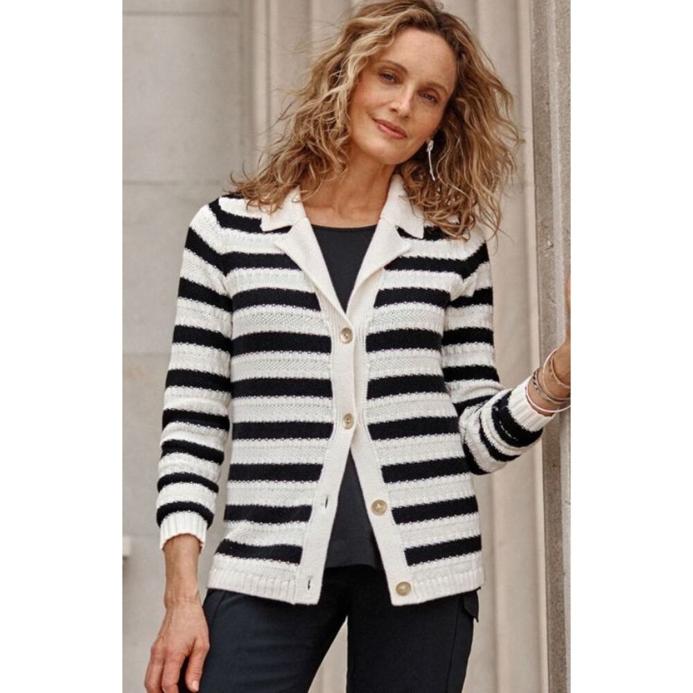 J Jill Wearever Striped Cardigan L Black Cream Button Front Collared